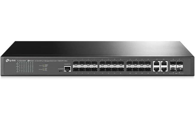 TP-Link Omada SG3428XF 24-Port SFP L2+ Managed Switch with 4 10GE SFP+ Slots, 20x Gigabit SFP Ports, 4x Gigabit SFP/RJ45 Combo Ports, 4x 10G SFP+ Slots, 1x RJ45 Console Port, Black